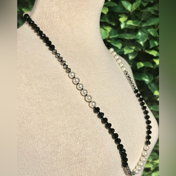Glass Bead Necklace Faux Pearl Black Silver Beads Fashion Jewelry 30" - Picture 2 of 5